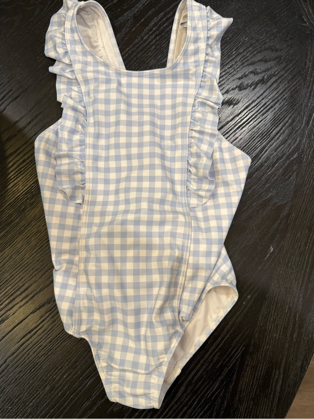 Girls Light Blue Gingham Ruffle One-Piece Swimsuit